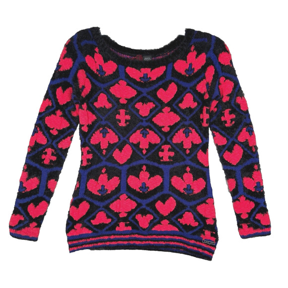 Desigual Sweaters - Desigual Sweater Women Small Pink Black Fuzzy Fleur de Lis Casual Colorful Artsy